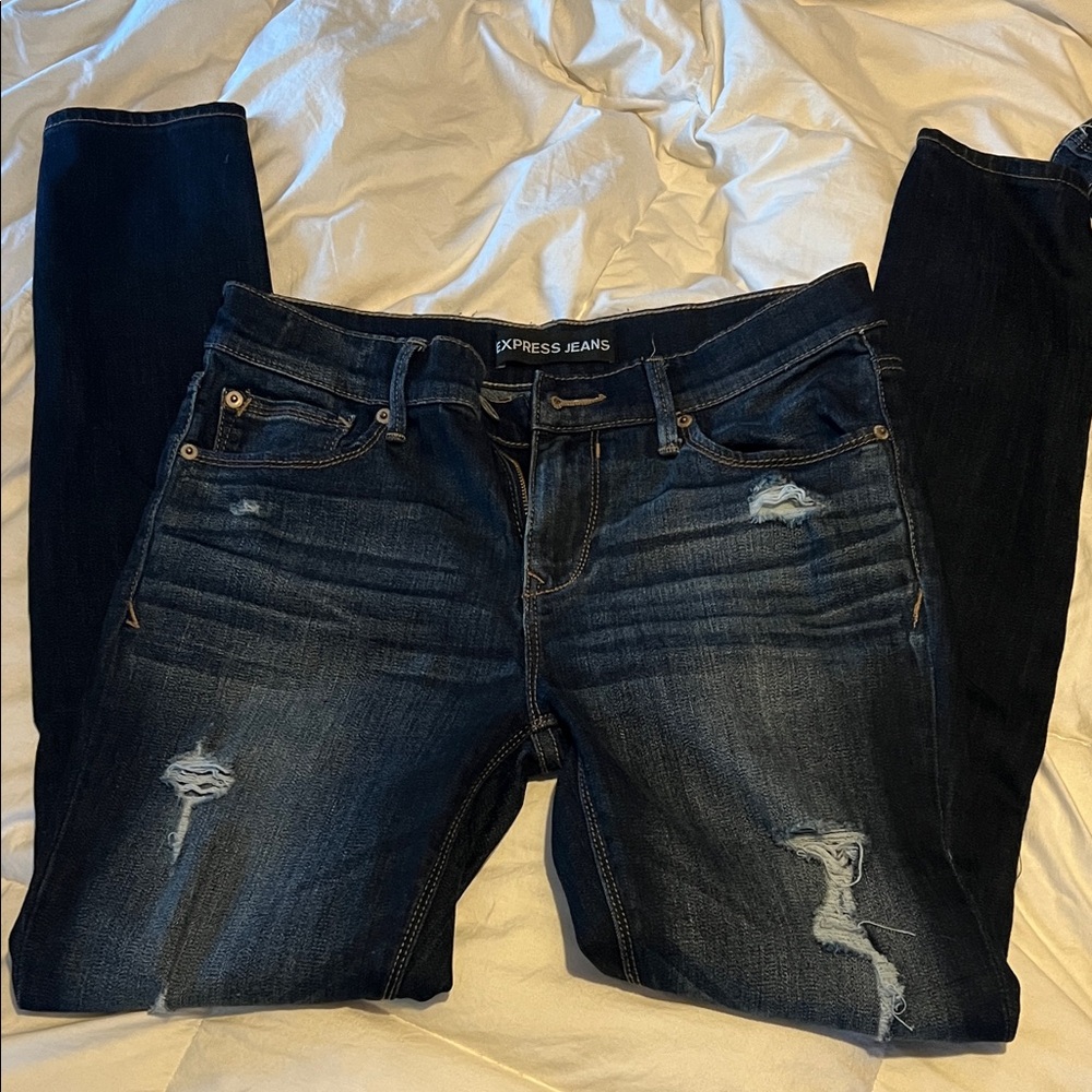 Express Women's Dark Wash Distressed Skinny Jeans